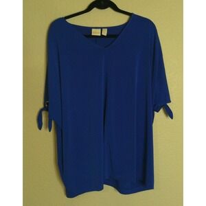 Chicos Travelers L/XL Blue Top Blouse Slinky Slit‎ Sleeve Oversized Beach Preppy